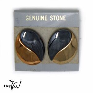 Vintage 1980s Black Stone Button Earrings on Card New/Old Store Stock - Hey Viv